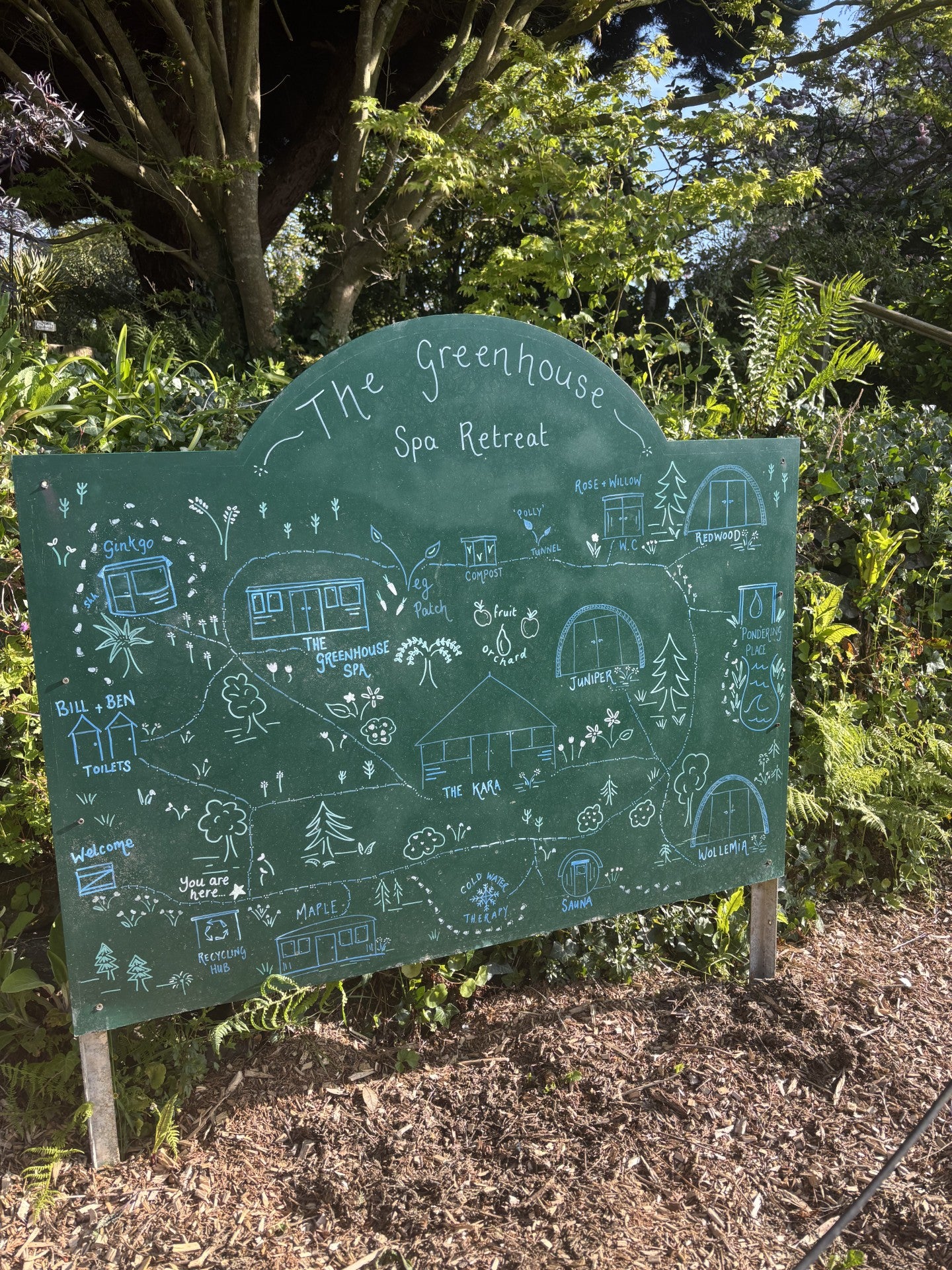 Green sign with illustrations and text for 'The Greenhouse Spa Retreat' in a natural setting.