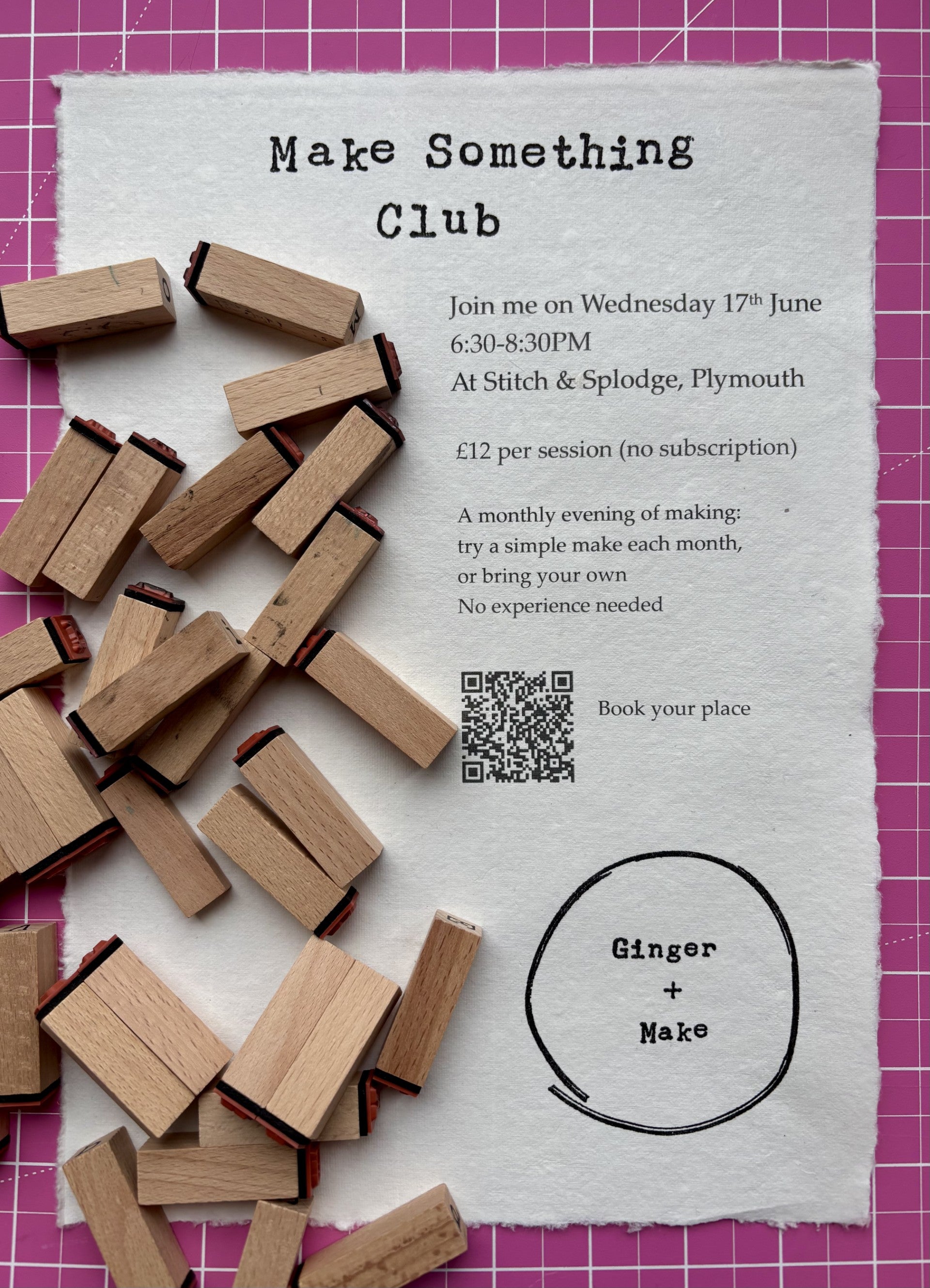 Promotional flyer for 'Make Something Club' with wooden stamps on a textured background.