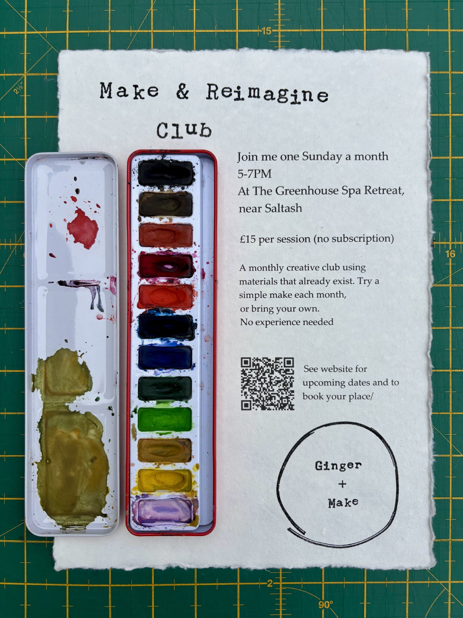 Make & Reimagine Club flyer with watercolor palette on a green grid background