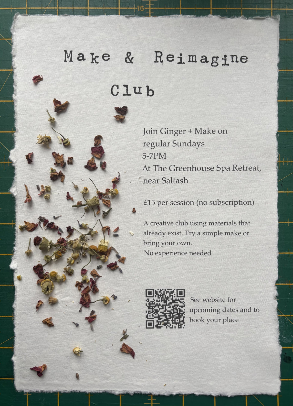 Club poster with dried flowers scattered on top. 
